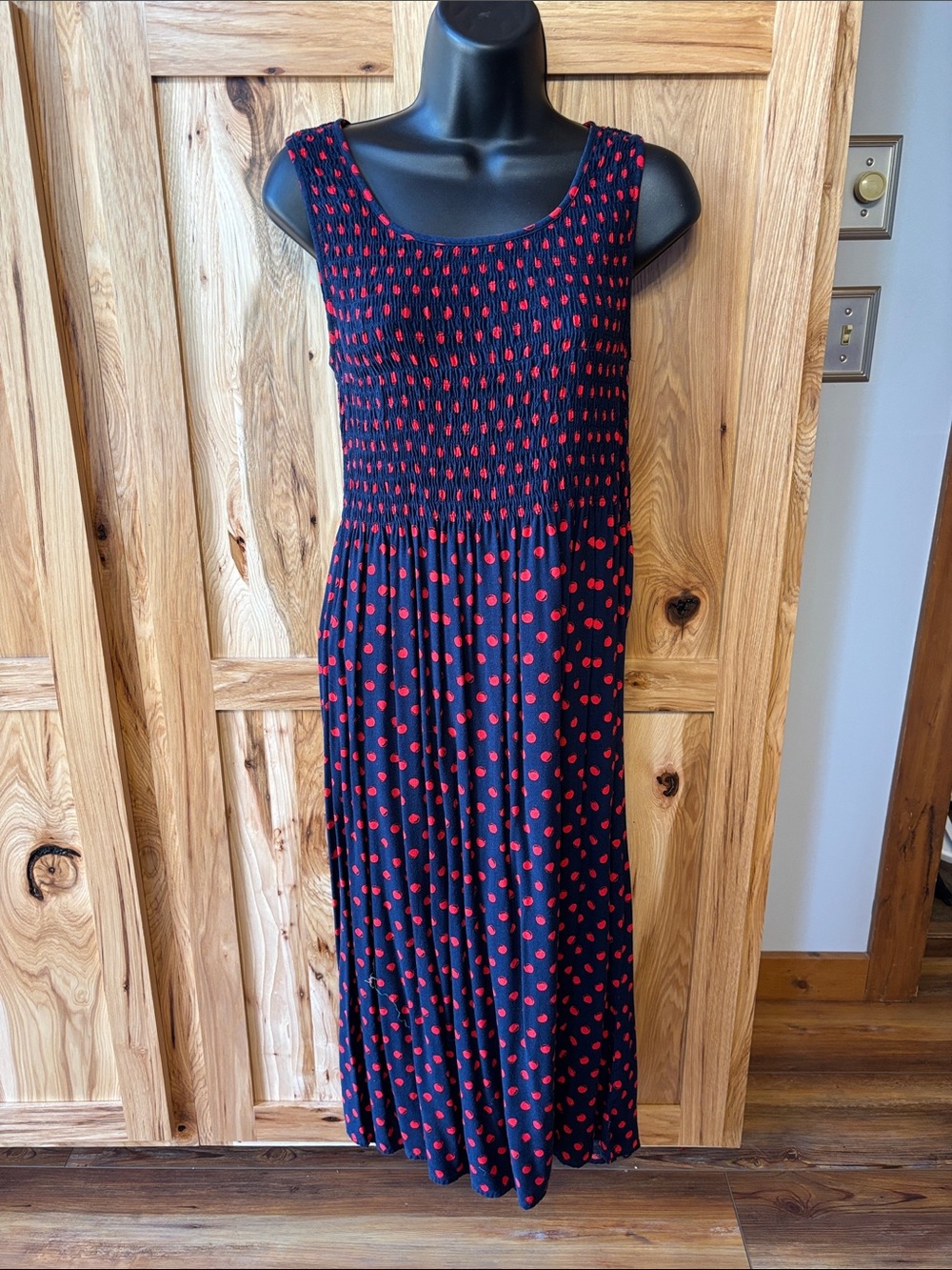 croft & barrow Navy Maxi Dress with Red Polka Dot Print Smocked Bodice